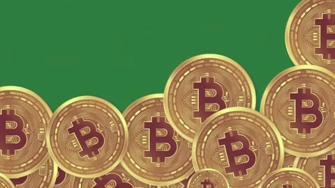 A green screen with white background and pile of gold coins on bitcoin lot Video stock 335064771
