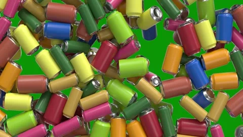 Green screen white background bunch cans colorful pile batteries filled Stock Footage 314065113