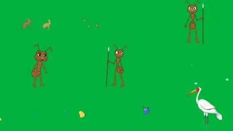 Green screen white background cartoon ant spear his hand small dot it bird. Stock Footage 310562753