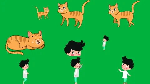 Green screen white background cartoon cat lying character running standing. Stock Footage 310563339