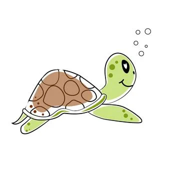 Green sea turtle with brown shell, air bubbles 스톡 일러스트