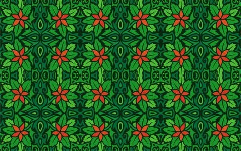 Green seamless floral pattern with red flowers Illustrazione stock