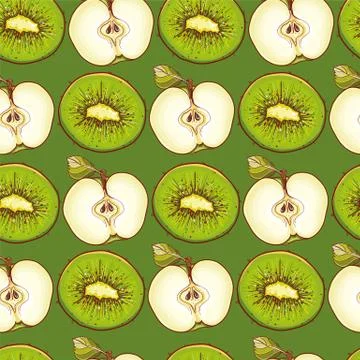 Green seamless pattern with apples and kiwis Stock Illustration
