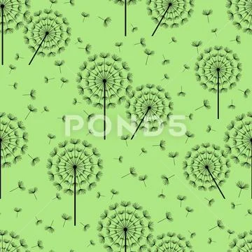 Green seamless pattern with black dandelions fluff Stock Illustration