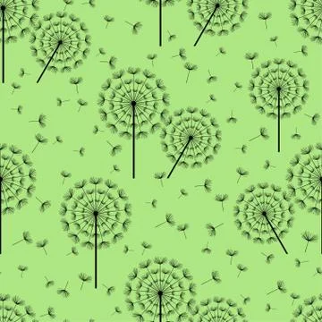 Green seamless pattern with black dandelions fluff Stock Illustration