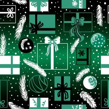 Green seamless pattern on black gradient background with Christmas gifts Stock Illustration