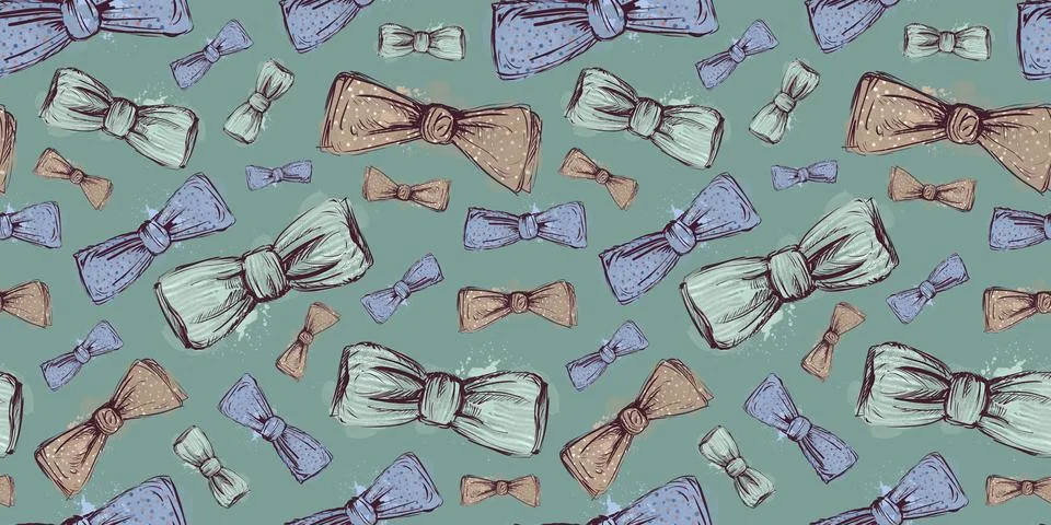 Green seamless pattern with bow tie. Watercolor pattern for a wedding. Ilustración de archivo