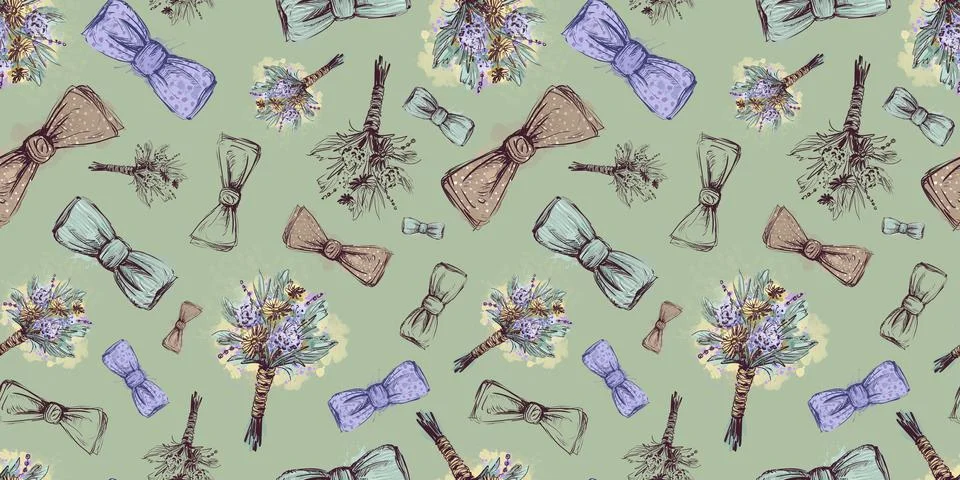 Green seamless pattern with bow tie boutonniere. Watercolor pattern for a Stock Illustration