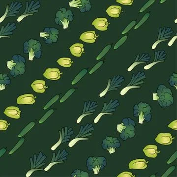 Green seamless pattern of broccoli bell pepper and cucumber Stock Illustration