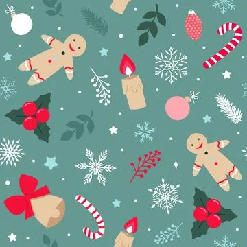 Green seamless pattern of Christmas elements. Modern simple flat vector illus Stockillustratie