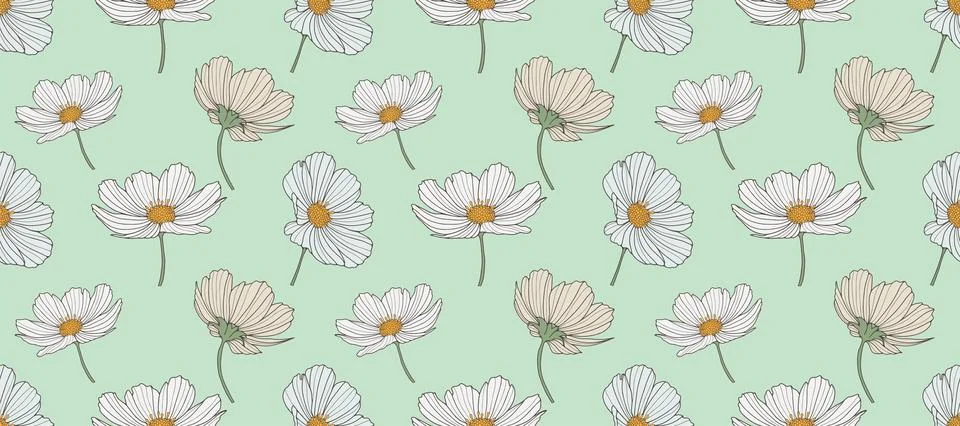 Green seamless pattern with delicate daisies. Stock Illustration
