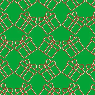 Green seamless pattern with outline gift boxes and red bows on green backgrou 스톡 일러스트