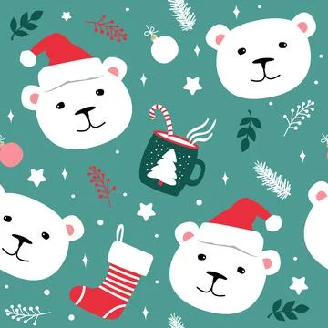 Green seamless pattern of polar bears and Christmas elements. Cute vector ill Stockillustratie