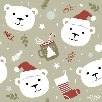 Green seamless pattern of polar bears and Christmas elements. Cute vector ill Illustrazione stock