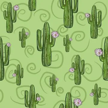 Green seamless pattern with saguaro cactuses in bloom. Stock Illustration