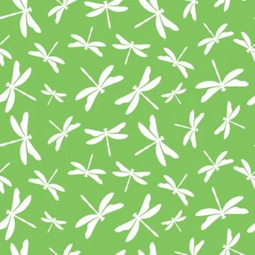 Green seamless pattern with white dragonflies Stock Illustration