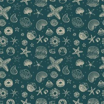 Green seamless pattern with white seashells Stock Illustration