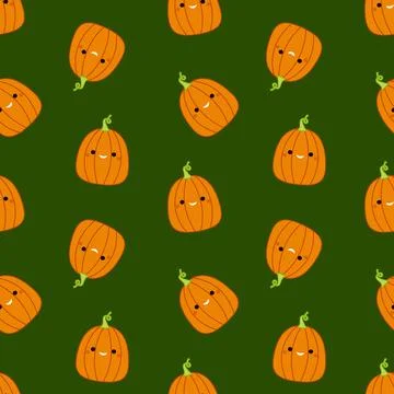 Green seamless pattern wiwh funny pumpkins. Squishmallow. Pumpkin. Kawaii Stock Illustration
