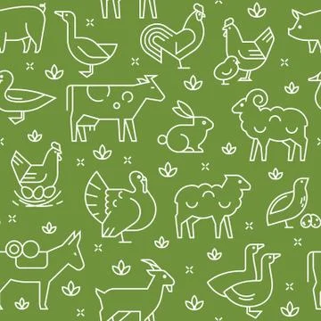 Green seamless vector pattern of farm animals, buildings, equipment and other Stock Illustration