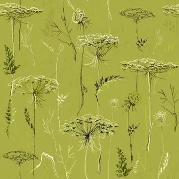 Green Seamless Vintage Pattern with Herbs and plants. Illustrazione stock