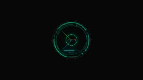 Green searching radar HUD circular scanner interface, rotating sweep lines, dark Stock Footage 340557515