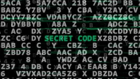 Green -Secret Code- between searching of abstract passwords screen. 3d illust Stock Illustration