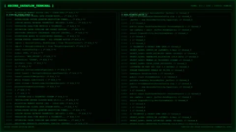 Green Secure Dataflow Terminal With Scrolling Source Code. Stockbeeldmateriaal 348474470