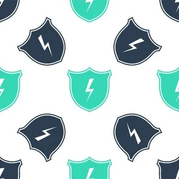 Green Secure shield with lightning icon isolated seamless pattern on white Stock Illustration