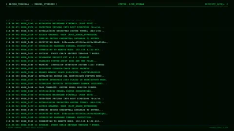 Green Secure Terminal Kernel Override Hacker Command Log Stream. Видео 346752027