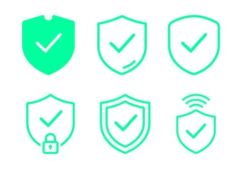 Green security shield icons with checkmarks and symbols Stock Illustration