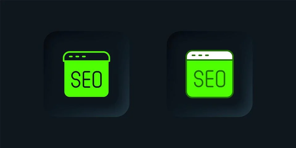 Green SEO optimization icon isolated on black background. Black square butt.. 스톡 일러스트