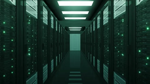 Green Server Racks Moving Through the Opening Doors in Database. Looped 3d Stock Footage 95551539