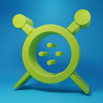 Green Sewing button and knitting needles icon isolated on blue background. .. Stock Illustration