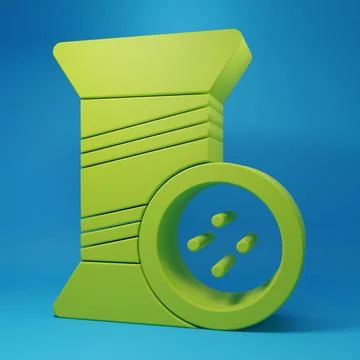 Green Sewing thread on spool and button icon isolated on blue background. Y.. Stock Illustration