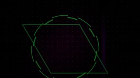 Green Shapes Abstract Geometry with Purple Beam on Dark Grid Background Stock Footage 343722546