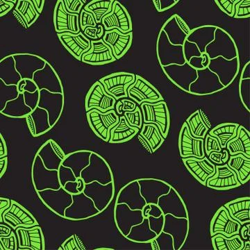Green shells seamless pattern. Nautical background in neon color. Seashells p Stock Illustration