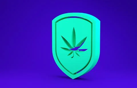 Green Shield and marijuana or cannabis leaf icon isolated on blue background. Stock Illustration