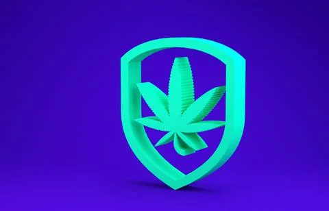 Green Shield and marijuana or cannabis leaf icon isolated on blue background. Stock Illustration