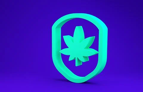 Green Shield and marijuana or cannabis leaf icon isolated on blue background. Stock Illustration