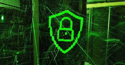 Green shield animating on startup in data center, morphing into closed padlock Stock Footage 333830255