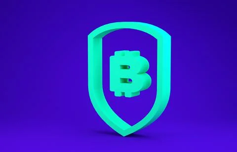 Green Shield with bitcoin icon isolated on blue background. Cryptocurrency mi イラスト素材