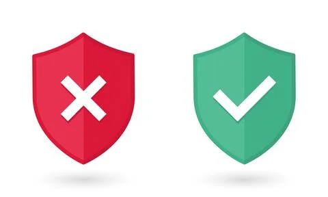 Green shield with check mark and red shield with cross mark icons. Symbols on Stock Illustration