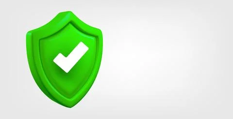 Green shield with check mark isolated on grey background. 3d vector banner .. Иллюстрация