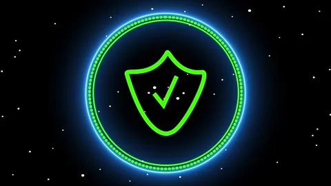 Green Shield with Checkmark Inside a Glowing Blue Circle on Starry Black Ba.. Stock Footage 321585846