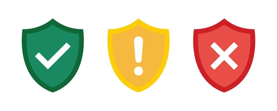 Green shield with checkmark yellow shield with exclamation mark red shield .. Stock Illustration