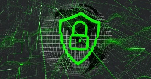 Green shield with lock growing over wireframe globe, data streams driving Stock Footage 330564092