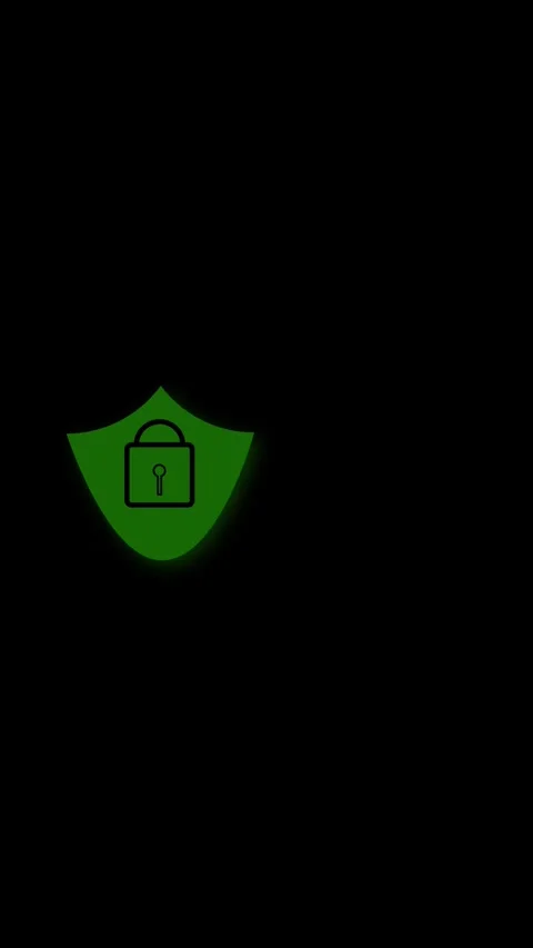 Green Shield with Outline of an Unlocked Padlock Icon on Black Background s.. Stock Footage 337459810