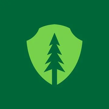 Green shield with pines tree forest logo design vector graphic symbol icon .. Illustrazione stock