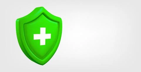 Green shield with plus sign isolated on grey background. 3d vector banner w.. Иллюстрация