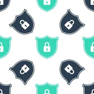 Green Shield security with lock icon isolated seamless pattern on white Stock Illustration
